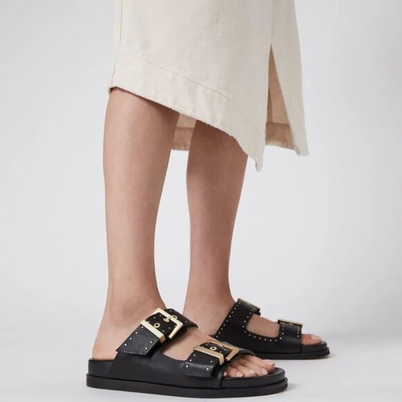 ($249) NEW ALLSAINTS Mae Leather Sandals in Black with gold hardware - Picture 2 of 9